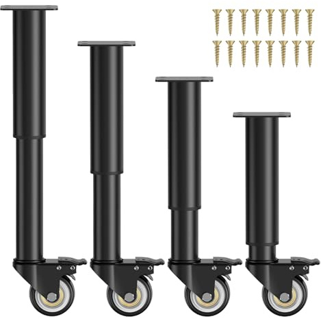 Lot de 4 Pieds de Meubles avec Roulettes Réglable en Hauteur de 315 à 450mm | Avec Roulettes Pivotantes et Freins, Pieds de Table Reglable en Métal pour Armoires, Commodes, Lits et Canapés