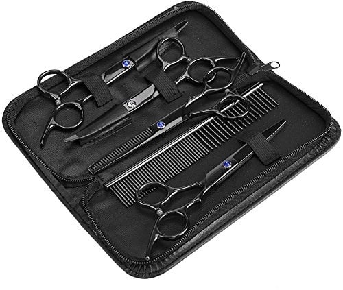 Yosoo Haustierscheren-Set, 2 gebogene + 1 Schneideschere + Kamm | Rostfreier Stahl, glatte Klingen für präzises Schneiden und Ausdünnen, ergonomisch leicht, inkl. Box, für Hunde- und Katzenfr