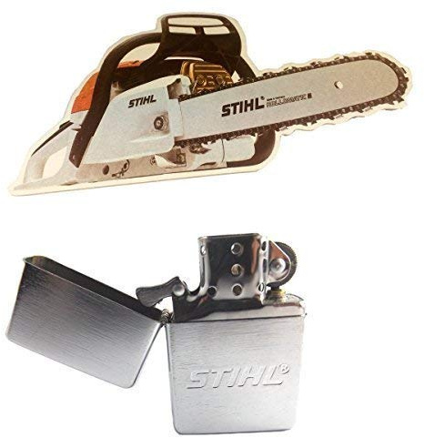 Stihl Benzinfeuerzeug und Bierdeckel Set Sturmfeuerzeug mit Gravur gebürstetes Chrom nachfüllbar Bierdeckel Motorsägen Design