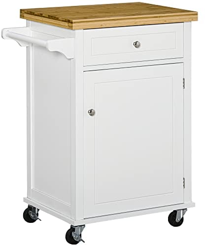 HOMCOM Kitchen Cart Storage Trolley Wooden Cabinet with Drawer Cupboard Towel Rail White