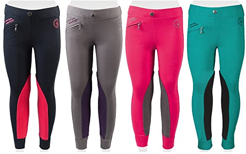 PFIFF 102603 Kinder Reitleggings Ella Stoff Besatz Reithose Mädchenreithose, Grau / Lila 140