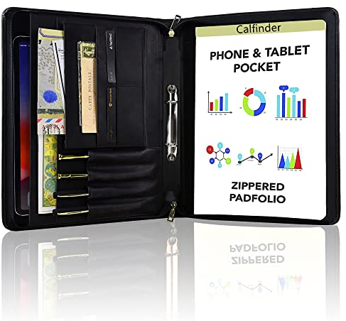 FREI NAME Gravur, Konferenzmappe A4, 2 Ring Binder Organizer Mappe, Personalisiert Ringbuchmappe Leder, Schreibmappe A4 Reißverschluss, Dokumentenmappe mit a4 Klemmbrett, Customized | Schwarz