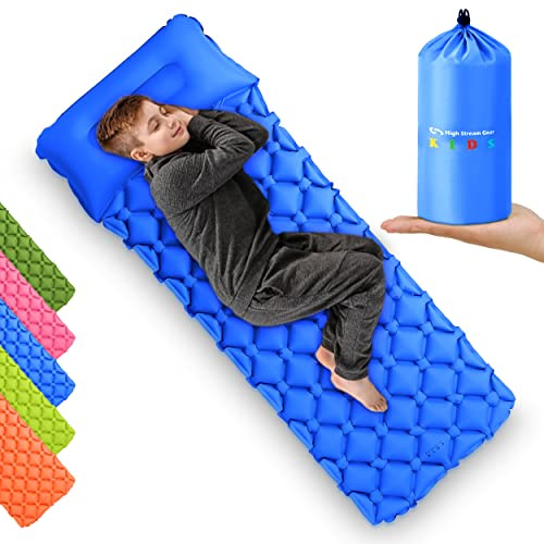 Kinder-Isomatte für Camping und Übernachtungen mit Kissen, aufblasbare Campingmatratze für Rucksackreisen und Reisen (Blau)