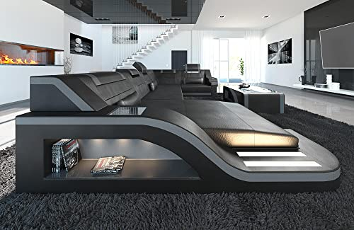 Wohnlandschaft Palermo Sofa U Form Ledersofa - mit LED Beleuchtung, verstellbare Kopfstützen, Recamiere/Lederfarben wählbar/Ausrichtung wählbar (Ottomane Links, Schwarz-Grau)