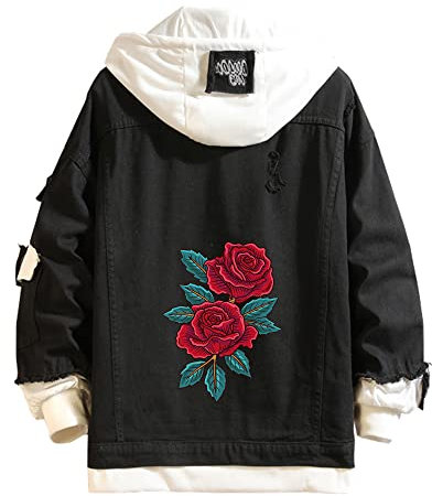 Lpstop Rote Rose Blumendruck Jeansjacke Grafik Hoodie Y2K Leichte Jacke für Teenager Erwachsene