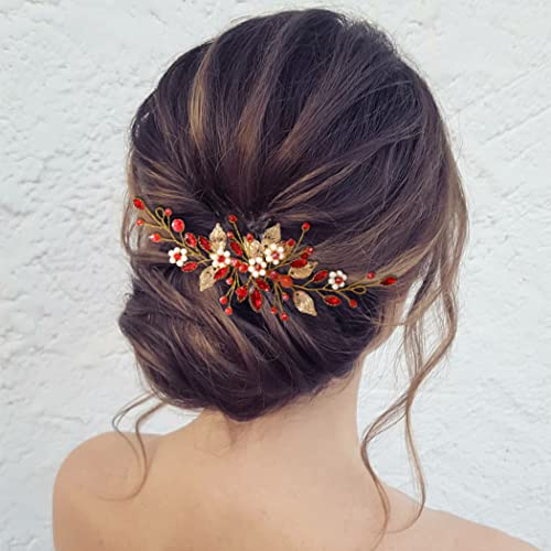 Zoestar Braut Hochzeit Haarkämme Blume Perle Kopfschmuck Braut Kristall Blatt Haarschmuck für Frauen und Mädchen (Rote)