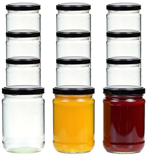 gouveo 12er Set Einmachgläser/Vorratsgläser 580 ml (0,58 l) Einmachglas 580 ml Klassik Twist-Off Schraubdeckel Blueseal Metall schwarz TO 82 Marmeladengläser Schraubgläser (EGKB580SZBS)