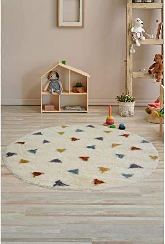 Modern Style Rugs Cosy Shaggy Multi Triangles Circular Round Cream Rug, High Pile Rugs for Living Room, Bedside, 100x100cm