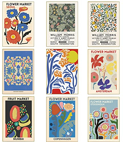 Qpout 9 Pcs Flower Market Poster Matisse Wall Art Prints Esthétique Posters pour Danois Pastel Chambre Décor Salon Chambre Salle De Bains Décor (20x25cm)