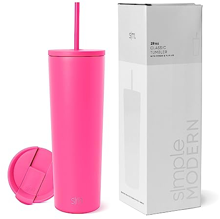 Simple Modern Thermobecher mit Strohhalm und Deckel | Trinkbecher mit Henkel Wiederverwendbare Edelstahl | Geschenke für Frauen und Männer | Classic | 830ml | Raspberry Vibes