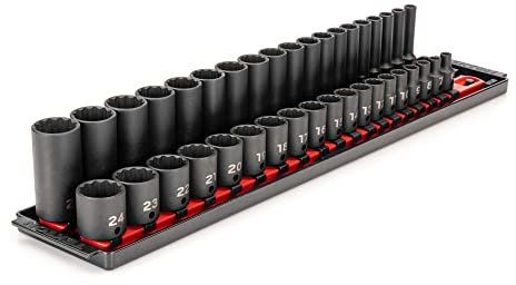 TEKTON 3/8 Inch Drive 12-Point Impact Socket Set with Rails, 38-Piece (6-24 mm) | SID91215