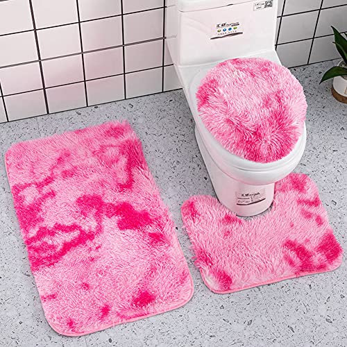 Reyox Badvorleger Set 3 Teilig, Weiche Hochflor Badematte rutschfest, Mikrofaser Flauschig Badteppich für Toilett WC Badezimmer Tie Dye Fuchsie 3 STK
