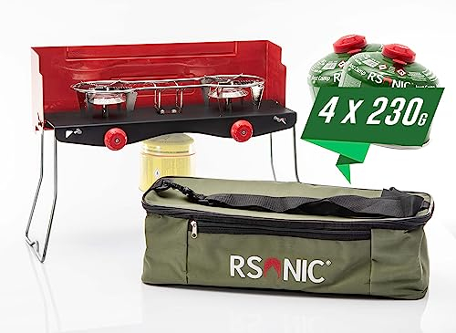 Rsonic Camping Gasgrill Gaskocher 2 - flammig klappbarer BBQ Campingkocher mit 2 Kochfelder mit Tasche für Balkon, Garten, Urlaub - Gas Kocher mit Kartuschen (Gaskocher mit 4 Kartuschen 230g)