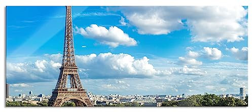 Pixxprint Glasbild Panorama, Wandbild aus Echtglas, Riesiger Eiffelturm in Paris, 100x40 cm, inkl. Aufhängung und Abstandshalter