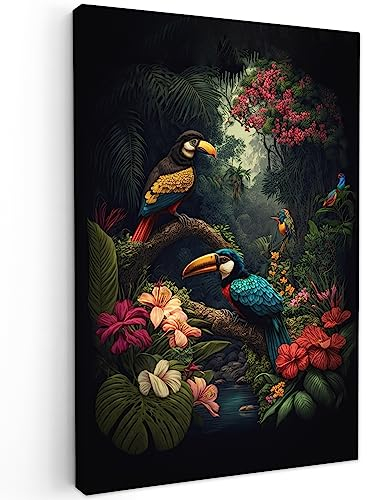 MuchoWow© Wandbilder Groß 80x120 cm XXL Schlafzimmer Home Deko Wohnung Bild Wohnzimmer Fotoleinwand Wand Bilder Leinwand Wall Decor Blumen - Vogel - Dschungel - Pflanzen - Tukan - Natur - Grün