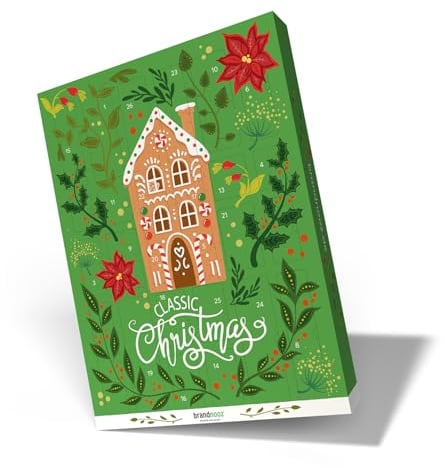 brandnooz - Adventskalender 2025 Classic XXL mit 26 Überraschungsmomenten - Riesen Weihnachtskalender 80 cm mit 24+2 Markenprodukten wie Manner, Kinder, Em-Eukal uvm. für Kinder & Erwachsene