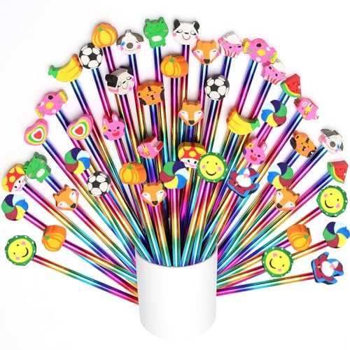 lttorjf Matite Gadget Compleanno Bambini con Gomma, Matite del fumetto con Divertente Animale Topper per Regalino, Festa Battesimo, Comunione Regalo, Premi Scolastici (stile casuale) (50)