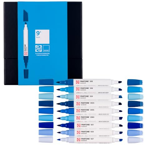 Talens | Pantone Marker 9er Set Blue | Dual-Tip-Stift mit Pinselspitze und Keilspitze | Wasserbasierte, pigmentierte Tinte in Pantone-Farben