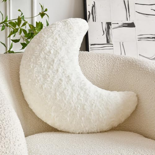 ZCNYCLAM Mondkissen, Mondförmiges Kissen mit weichem Kunstfell für Couch, Bett, Sofa, niedliches Halbmondkissen mit Raumdekoration für Schlafzimmer, Wohnzimmer (48,3 cm, weiß), 55 x 40 cm