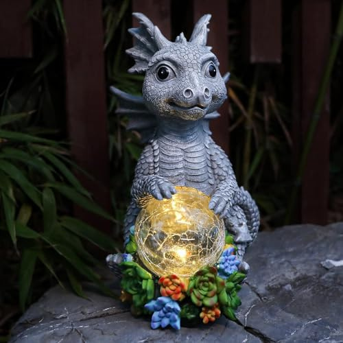 HIAME Garten Deko Drachen Solarlampen für Außen Balkon Gartendekoration, Innenhof Layout Drachen Ornamente Harz Solarleuchten im Freien kreative Tiere Figuren (F)