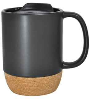 Haloppe Auslaufsicherer Kaffeebecher mit abnehmbarem Deckel, 350 ml, mattschwarzer Griff, Korkboden, abnehmbar, hitzebeständig, Keramik, Tee, Milch, Wasser, Geburtstag, Schwarz, Einheitsgröße