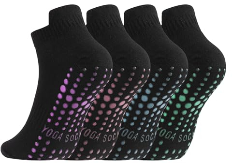 Newofview 4 Paar Yoga Socken Anti-Rutsch-Socken Damen Herren 37-42,Stoppersocken Rutschfeste Socken für Pilates Yoga Barre Tanz Ballett Trampolin Fitness Krankenhaus Reha