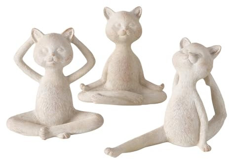 BOLTZE 3 x Dekofigur Yoga Katzen Kunstharz Höhe 15 cm, beige