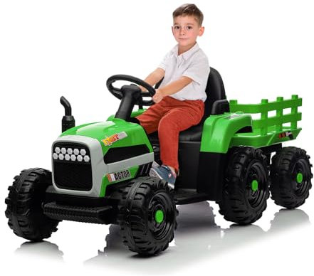 Véhicules électriques,Voiture à 4 Roues alimentée par Batterie 12 V avec remorque, Moteurs Doubles 35 W/3 vitesses/11 lumières LED/Fonctions Audio USB, Jouets tracteurs télécommandés (Vert)