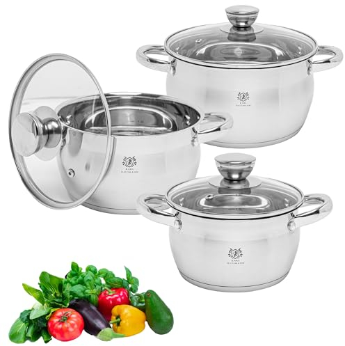 KARL HAUSMANN Topfset Induktion Edelstahl 3-Teilig - Kochtöpfe für Alle Herdarten - Kochtopf Set mit Glasdeckel - Töpfe mit Messskala - Topf Set - Kochtopfset - Topfsets - Pots - Induktionstöpfe