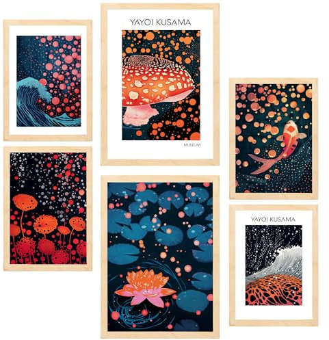 Nacnic 6er-Set Yayoi Kusama Pilz Ola Japanische Dunkle Farben Gerahmtes Poster mit Design-Illustrationen zur Dekoration der Wände Ihres Zuhause Zimmer Büro Laden Malerei im A3 & A4 Leichter Holzrahmen