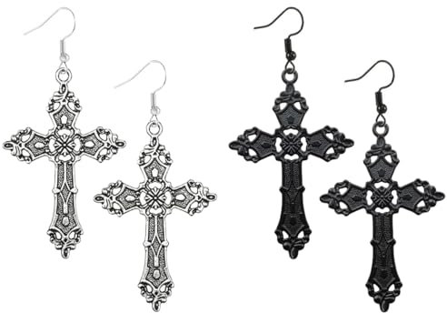 Kawailay 2 Paar Gothic Kreuz Ohrringe Vintage Kreuz Anhänger Ohrringe Rock Punk Kreuz Haken Ohrringe für Frauen – Silber Schwarz