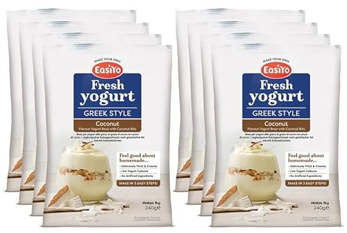 EasiYo Joghurtpulver nach griechischer Art mit Kokosnussstücken - 8 Beutel | Jeder Beutel ergibt 1 kg Joghurt