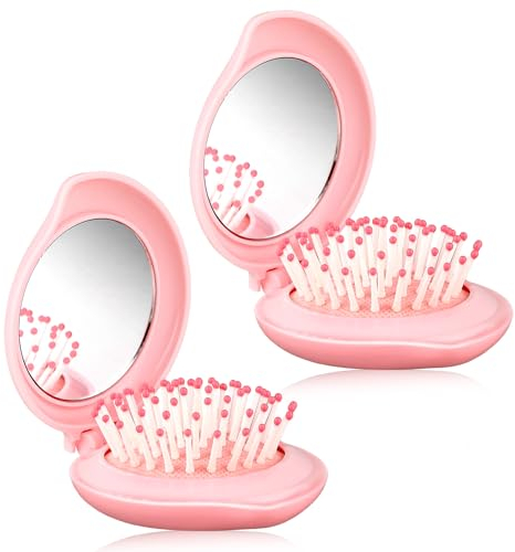 Bewudy Faltbare Mini Haarbürste mit Reise Spiegel, Runde Tragbar Mini Haarbürste Taschenspiegel Klappbar, Haarmassagekamm Kleine Rosa Reise Haarbürste mit Kosmetikspiegel für Frauen Mädchen(2 Stück)