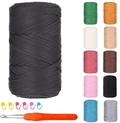 Hengrongshen Textilgarn zum Häkeln, 400g/120m T Shirt Garn zum Häkeln, Baumwollgarn Dickes Garn Bändchengarn mit Häkelnadeln zum Häkeln und Stricken, für DIY Körbe, Taschen, Decke (Dunkel Grau)