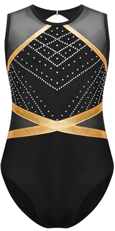 Xnihocha Mädchen Turnanzug Glitzer Gymnastikanzug Ärmellos Sportbody Einteiliger Leotard Ballett Trikot Ballettanzug Wettkampf Tanzkostüm Schwarz 134-140
