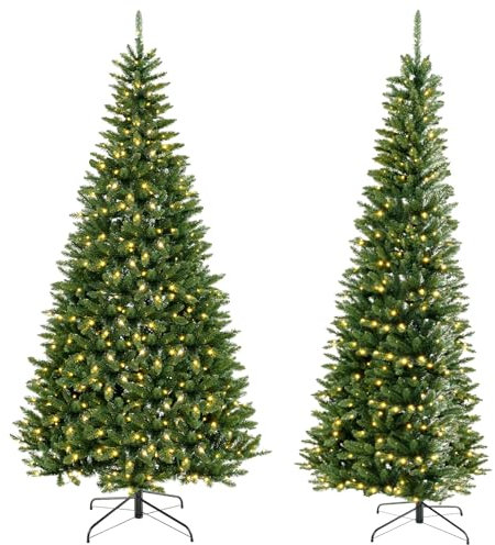 COSTWAY Árbol de Navidad Artificial Verde 240 cm, arbol de Navidad con Luces Incorporadas, 1137 Ramas de PVC, 360 Luces LED, 270° de Esquina, Arvore de Natal Hogar Oficina Fiesta