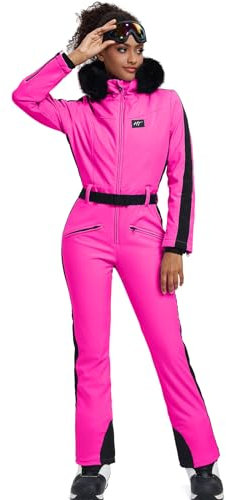HOTIAN Damen Skianzug Einteiler Skioverall Winter Warme Damen Schneeanzug Wasserdicht Winddicht skibekleidung Schneeoverall Jumpsuit Mit Kapuze Rose M
