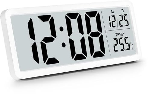 Sukeen Digital Wall Clock Battery Operated With Big Digits, Temperature, 12/24 Hr - Desk Clock for Living Room, Bedroom, Office, School, Garage, Warehouse - White