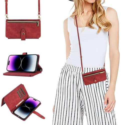 GoodcAcy Coque pour Huawei P20 Lite avec Cordon,Etui Huawei P20 Lite,Flip Portefeuille Étui en Cuir,[9 Porte Cartes],Réglable Collier Housse Etui Rabat Case - Rouge