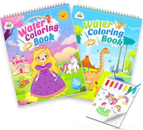 ZMLM 2PCS Malbuch mit Wasserfarben für Kleinkinder, Malen mit Wassermalbuch Aquarell-Malpapier Kleine Geschenke für Junge Mädchen ab 3-8 Jahren Unterwegs Buch Mitbringsel - Wildtiere+Prinzessin