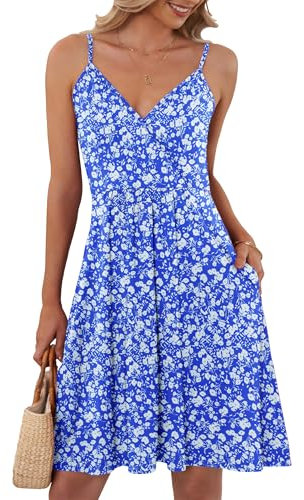 AUSELILY Summer Dresses for Women UK V Neck Spaghetti Strap Casual Dress Beach with Pockets Blue Flowers M