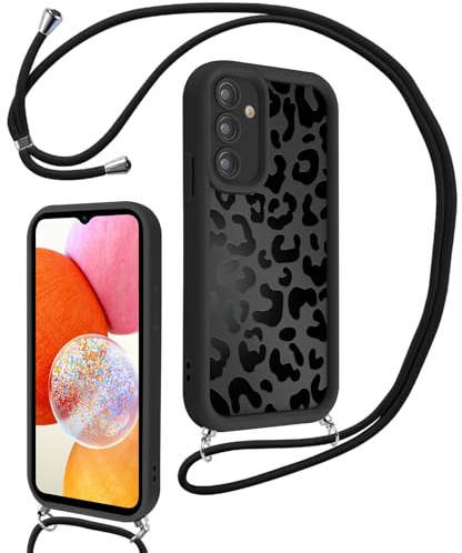 Xylota Handyband für Samsung Galaxy A14 4G/5G Hülle mit Band, Silikon Aesthetic Muster Design Handyhülle mit Kette Kordel Schlüsselband,Mädchen Schutzhülle für Samsung A14 zum Umhängen,Leopard