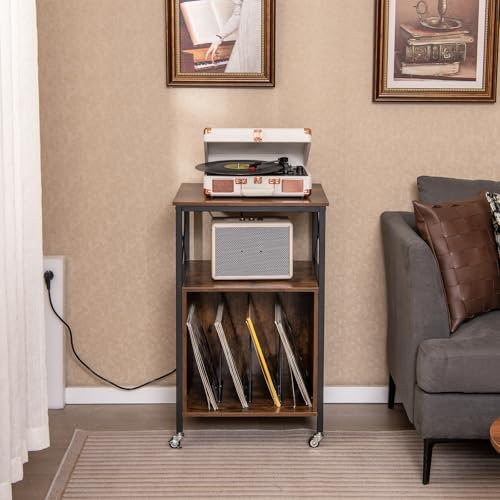 KOMFOTTEU Meuble Platine Vinyle avec Station de Charge, Support de Tourne-Disque avec Séparateurs Amovibles, Meuble Tourne-Disque, Cadre en Métal, 50 x 45 x 82 cm, Style Industriel