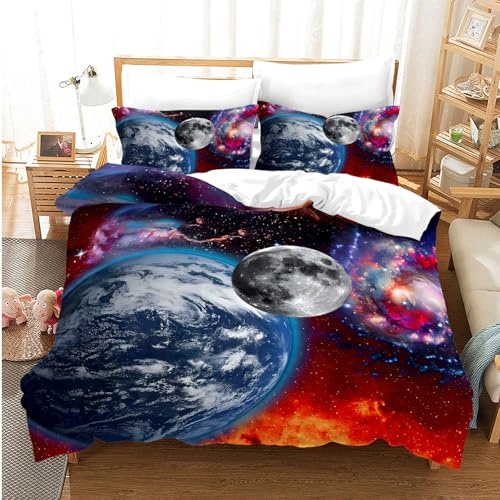 CIUNVXD Planeten bettwäsche, Universum Themen 3-teiliges bettwäsche Set | Für Mädchen Jungen 3D Weltraum Bettbezug mit 2 Kissenbezüge 50x75cm(C, 135x200cm)