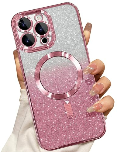 Misscase Magnetisch Hülle Kompatibel für iPhone 14 Pro, Glitzer Verlauf Handyhülle Kompatibel mit MagSafe, Stoßfest Anti-Kratzen mit Kamera Objektivschutz Niedliche TPU Schutzhülle-Rosa