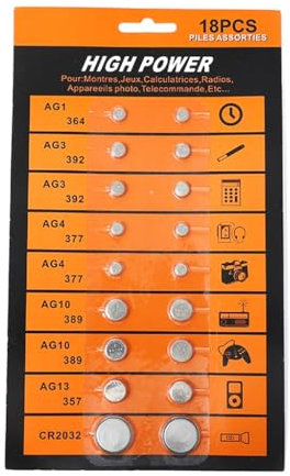Chenxi Studio Lot de 18 piles bouton AG1 364 AG3 392 AG4 377 AG10 389 AG13 357 CR2032 pour montre et horloge