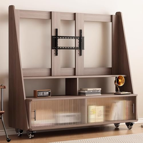 JIAOCKJIAO Support TV Sur Pied Mobile À Roulettes, Hauteur et Angle Réglables, Chariot TV Mobile avec Porte Coulissante en Verre, Chariot de Rangement Portable pour Téléviseurs de 25 À 50 Pouces(Brown
