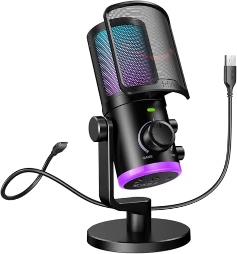 Fifine AM6 AMPLIGAME RGB Microphone Gaming - Balance Audio Gaming/Chat - Microphone d'envoi et d'enregistrement USB - Microphone de Bureau PC Antibruit - pour Twitch/Discord/Podcast - PS4/PS5