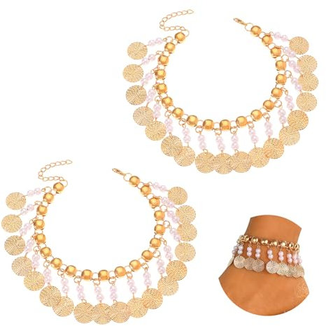 AffeGifts Bracelet Cheville Femme Or avec Pompon et Poire (2 Pièces), Chaînes de Cheville Bohèmes, Bracelets de Cheville en Perles, Taille Réglable, Bijoux de Plage Pour L'Été