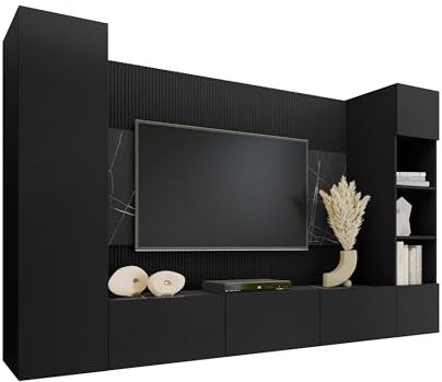 Mirjan24 Wohnwand Deromi IV, 4-teilig (Schwarz + Schwarz Marmor) | Geräumige Wohnwand mit TV-Paneel, grifflosen Fronten, Push-to-open-System und praktischem Stauraum, B/H/T: 260/150/38 cm